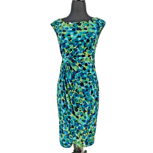 Connected Apparel Woman's Blue Green Faux Wrap Dress Size 4 Ruched Waist Stretch - Picture 1 of 8